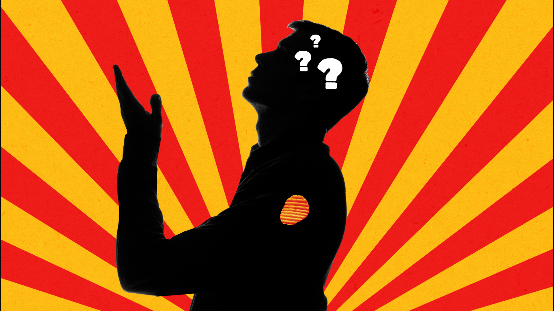 The silhouette of a man over a red and yellow striped background, question marks above his head.